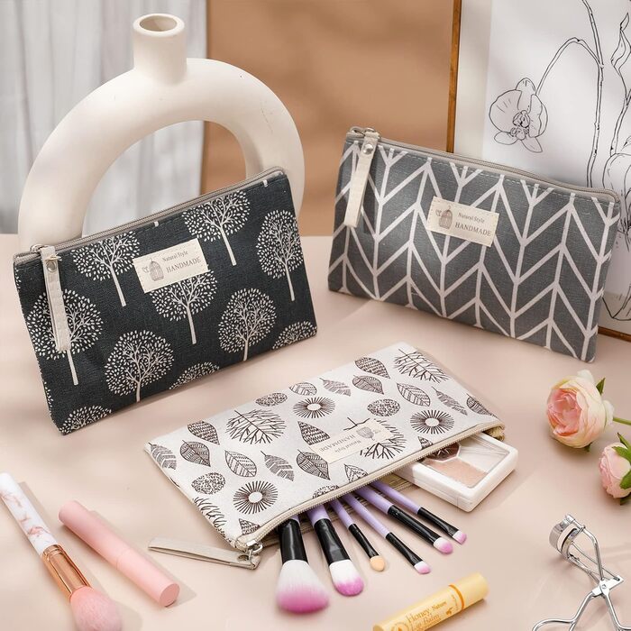 3 косметичні сумки з канвасу, органайзери для макіяжу, дорожні косметички для жінок, набір 3 шт. (Натуральний стиль)