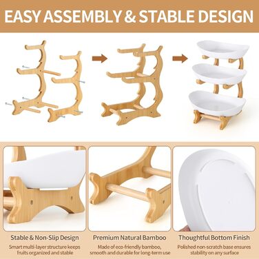 Трирівнева етажерка для фруктів та закусок з бамбуковим підставкою, преміум-пластик