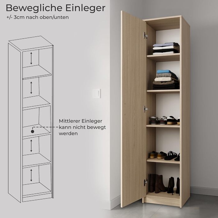 Bookshelf Wardrobe Shelf White 40cm wide 180cm high Cabinet Organizer Multi-purpose Cabinet with 4 adjustable shelves Filing cabinet Shelf Wall narrow Wood for bedroom Hallway Basement Office (Natural)