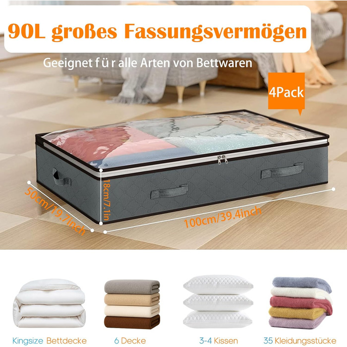 Коробка для зберігання під ліжко Flow Fire, 90L, 4 шт., з кришкою, складна, для постільної білизни та одягу