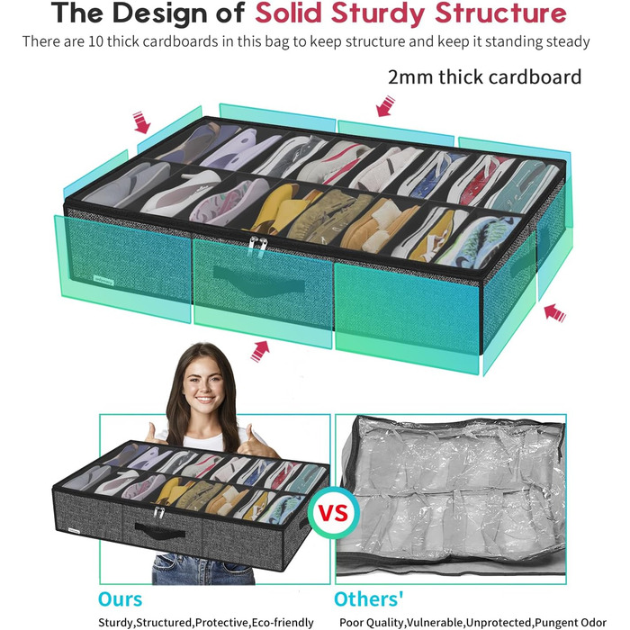 Організатор для взуття Homyfort 2 шт. з прозорим кришкою - коробка для взуття з 14+4 відділеннями, сіра, льон, XDUBS14S4 (Чорний, XXL)
