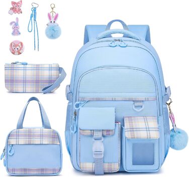 Шкільний рюкзак для дівчаток, водонепроникний та дихаючий, для 1-5 класів з відділенням для ноутбука, блакитний + ізольована ланч-сумка + пенал