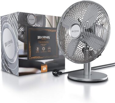 Настільний вентилятор Brandson з мідним дизайном: 3 швидкості, осциляція 80°, кут нахилу 40°, металевий корпус (сріблястий матовий)