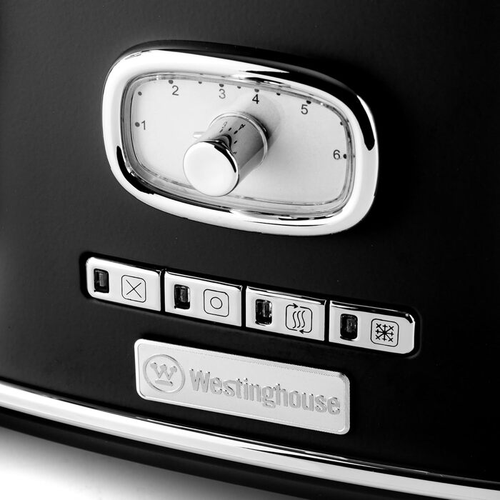 Тостер Westinghouse Retro на 4 скибки, знімна решітка для булочок, 6 режимів підсмажування, функції розморожування, підігріву та зупинки, центрування хліба, індикатор, висувний піддон для крихт, чорний