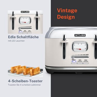 Тостер Muse MS-131 BC Beige: 4-х місний, з регулюванням ступеня підсмажування, ретро-дизайн, з підсвічуванням та крихкозбирачем