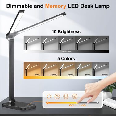 Настільна лампа One Fire з адаптером, 1000 люмен, 96 LED, диммування, для навчання дітей, з таймером та функцією пам'яті, денне світло, білий/чорний колір