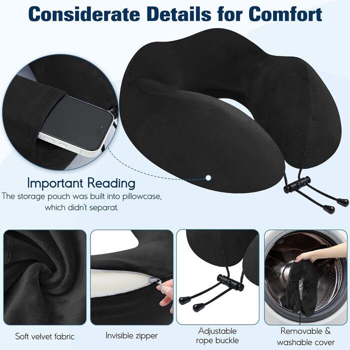 Подушка для шиї у вигляді звірка, Memory Foam, для дорослих, з маскою для сну та берушами, для подорожей, літака, офісу, авто, поїзда (Чорний)