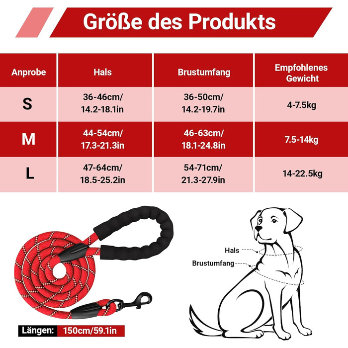 Нашийник для собак великих порід з ручкою, без обмеження грудної клітини, дихаючий, безпечний, світловідбиваючий, без поліуретану, для тренувань та активного відпочинку, Sti 2 Bau (L, червоний)