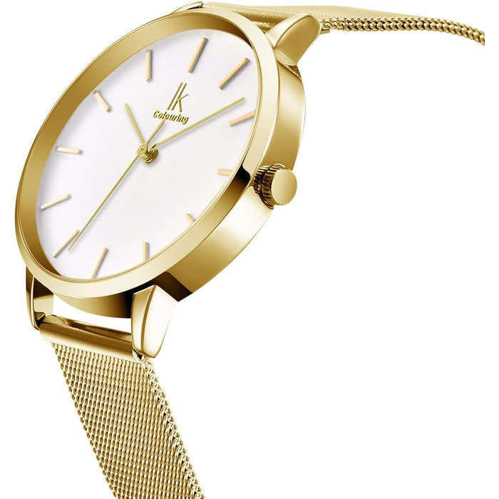 Жіночий годинник Alienwork IK Minimalist: ультратонкий, сітчатий ремінець (золотий / білий / золотий сітчастий ремінець)