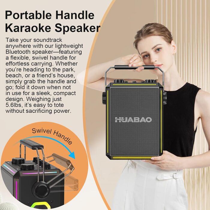 Портативна Bluetooth-колонка караоке з 2 бездротовими мікрофонами, RGB-підсвічуванням, регулюванням високих та низьких частот, ефектами голосу, AUX/USB/TF/OTG, 6.5 мм роз'єм, для вечірок (білий/чорний)