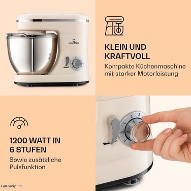 Klarstein Bella Kitchen Machine - Stand Mixer with 6 Speed Settings, Stainless Steel Beater, Pulse Function, Planetary Mixing System, 3 Mixing Attachments, 1200 W Power, cream