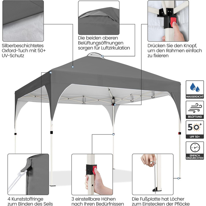 Yaheetech Folding Gazebo 2.4 x 2.4 m Pop-Up Gazebo, Adjustable Height Garden Gazebo, Waterproof & Sun Protection Party Tent Garden Tent with Rolling Carry Bag for Outdoor Market Garden Yard, (Dark Grey, 3x3m)