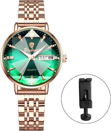 Жіночий наручний годинник JewelryWe Rosegold: кварцовий аналоговий годинник зі сталі, водонепроникний (30м), з календарем, підсвічуванням стрілок та граненим склом, колір Rosegold-Зелений