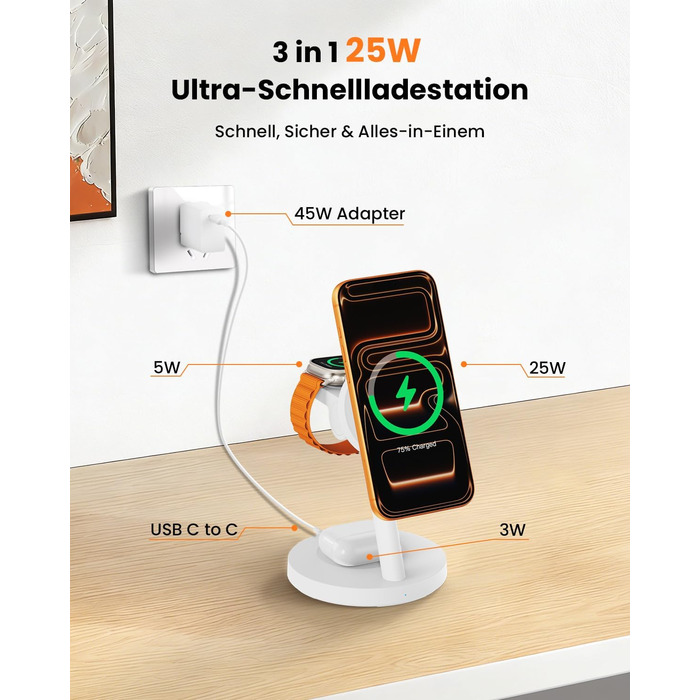 Зарядна станція JoyGeek 3-в-1 з магнітною індукцією 25W для iPhone 17/16, Apple Watch, Samsung Watch та AirPods. Білий матовий.