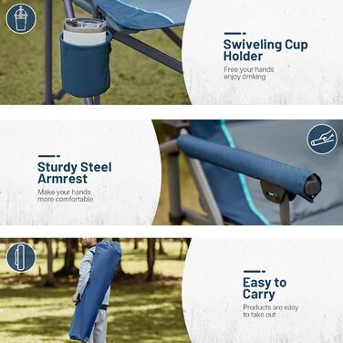 Складний туристичний стілець Timber Ridge XXL (230 кг) з широким сидінням (62 см), високою спинкою, підстаканником та міцними підлокітниками для кемпінгу, пікніка, саду та балкону (Блакитний, 1 шт)