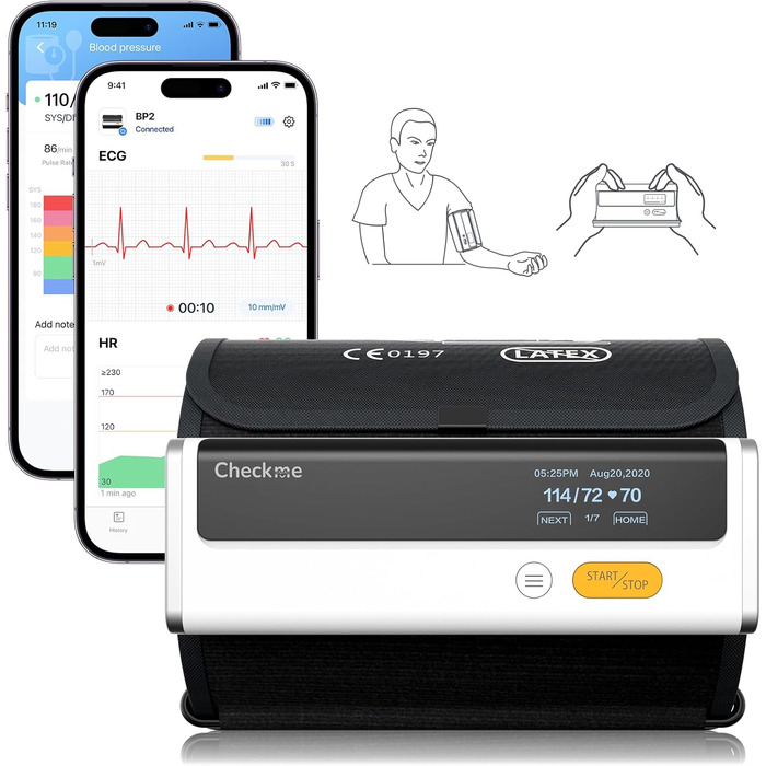 Тонометр на плече CheckMe Armfit Plus Bluetooth з ЕКГ, аналіз ЕКГ-звіту, вимірювання тиску за 30 секунд, частоти серця, підтримка кількох користувачів, сумісний з Android/iOS BP2