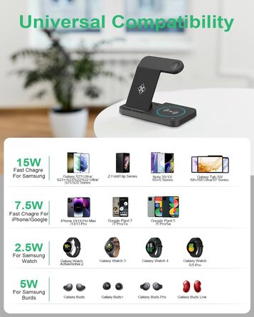 Бездротова зарядка 3-в-1 для Samsung Galaxy: годинники, смартфони, навушники