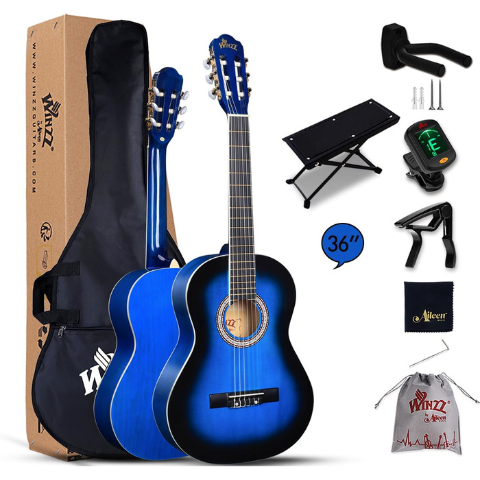 Кітара класична Winzz 4/4 для дорослих та дітей (від 11 років), чорний глянцевий, набір для початківців, 39 дюймів, блакитний (3/4)