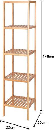 Dibea Bathroom Shelf with 5 Shelves, Living Room Shelf, Standing Shelf, Bamboo Shelf, Bathroom Shelf, Book Shelf, Corner Shelf, Kitchen Shelf, 33x33x146 cm, natural color, Natural