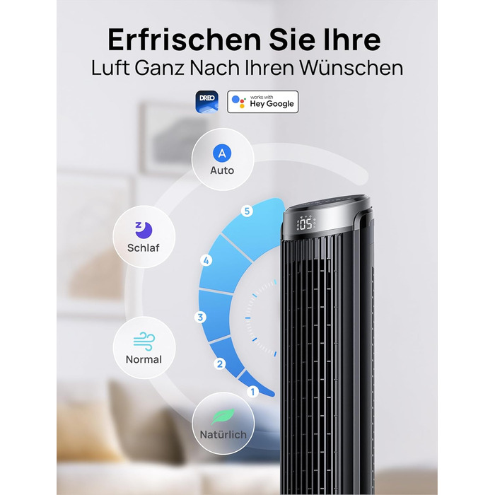 DREO Smart Tower Ventilator: Тихий вентилятор з Wi-Fi, дистанційним керуванням та керуванням голосом (Alexa), 90° осциляція, 5 швидкостей, 12-годинний таймер, сріблястий