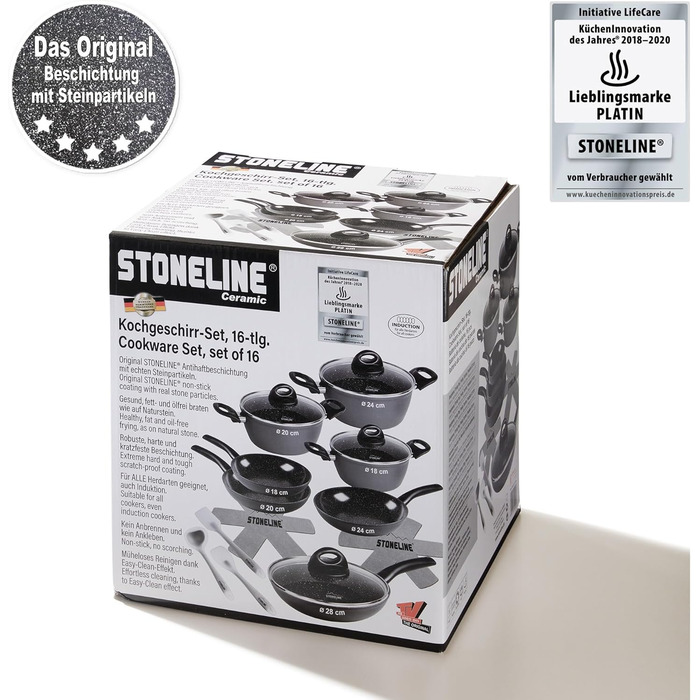 STONELINE Ceramic Cookware Set, 16-Piece, 18/20/24/28 cm Pots and Pans, PFAS-Free, Cookware Set with Lids, Ceramic Coating with Real Stone Particles, Grey, 16-Piece