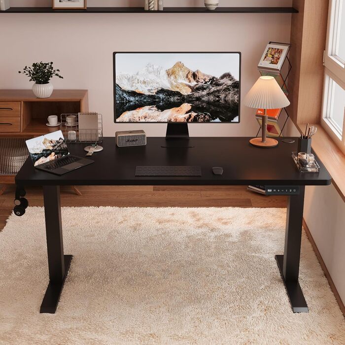 Devoko Adjustable Height Desk - Electric Standing Desk with Memory Function, 73-118cm Height, Collision Detection, Black, 140x60cm