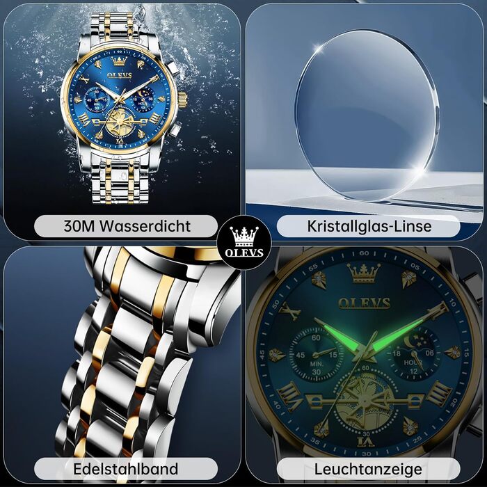 Чоловічий годинник-хронограф OLEVS: водонепроникний кварцовий годинник зі сталевим ремінцем (золото-срібло) та синім циферблатом, бізнес-стиль