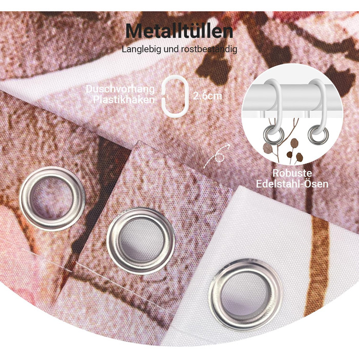 Штора для душу 240x200 см коричнева з квітами, антигрибкова, водовідштовхувальна, поліестер, з кільцями для ванної кімнати