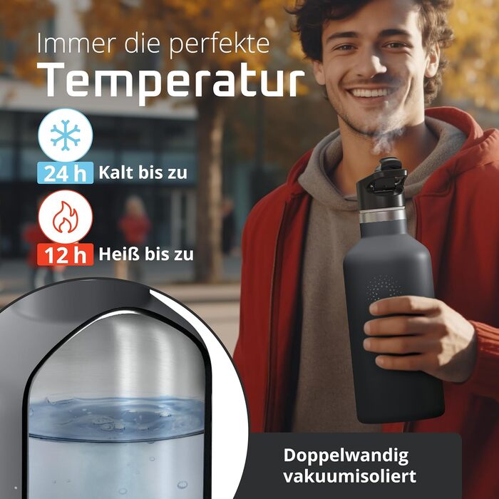 Фляга для води з нержавіючої сталі з трубочкою та інфузером, 3 кришки: BPA-free, не протікає, підходить для газованої води - спортивна фляга, термофляга, ізотермічна фляга, дитяча фляга для чаю (950 мл, Cool Grey Bamboo)