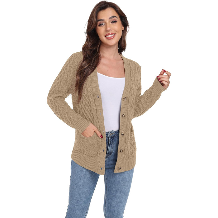 Жіночий в'язаний кардиган GRECERELLE з V-подібним вирізом та ґудзиками, класичний стиль, осінь-зима, бежевий колір