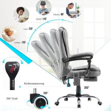 Офісний крісло YODOLLA, 200 кг, ергономічний, з регульованою спинкою, з підніжкою, сірий