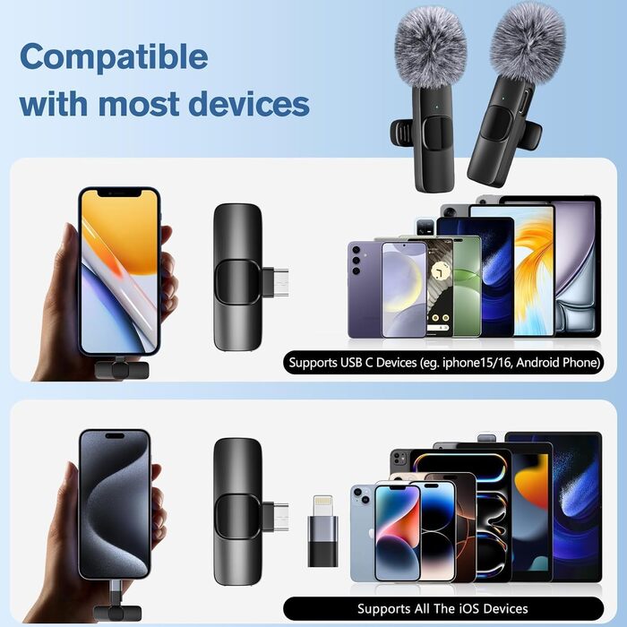 Мікрофон Lavalier Mini Mic Pro (2 шт.) з USB-C для iPhone, iPad, Android - для відео, інтерв'ю, подкастів, Vlog, TikTok, YouTube (сірий)