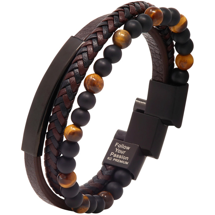 Чоловічий шкіряний браслет з тигровим оком та лавовим каменем | Ручна робота, гравірування, регульований магнітний замок | Чорно-коричнево-синьо-срібний, з подарунковою коробкою