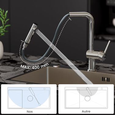 Кран кухонний CECIPA X203B чорний з висувною лійкою, 360° обертання, двома режимами струменя, з нержавіючої сталі