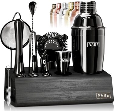 Bare Barrel Pro Cocktail Set - 14-Piece Boston Shaker Set with Stand & Recipe Cards - 24oz Cobbler Shaker