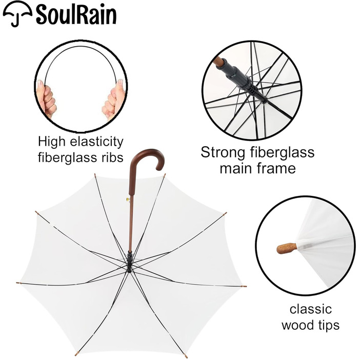 SoulRain Парасолька з класичною дерев'яною ручкою, автоматичне відкриття, вітростійка, прозора, незламна, 121.9 см