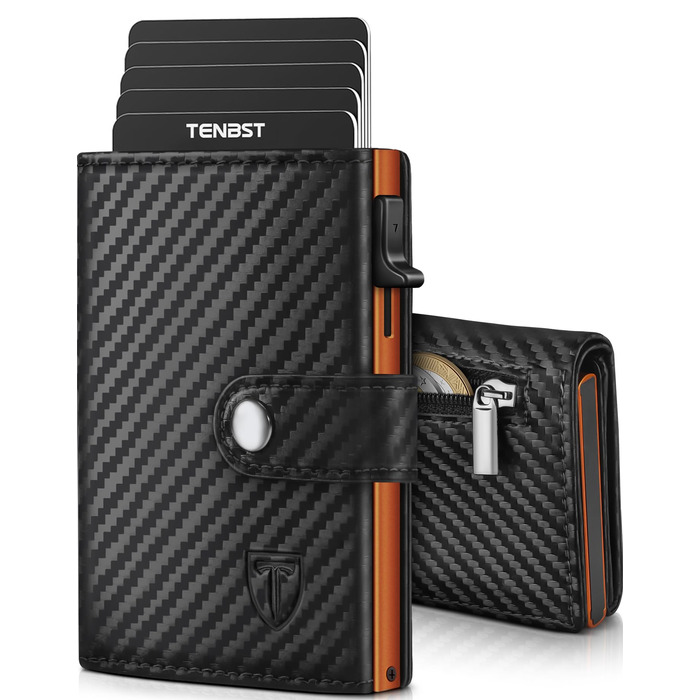 Чоловічий гаманець TENBST з RFID захистом, шкіряний Slim Wallet, картфутляр на 8-10 карт, подарунковий набір (Чорний/Помаранчевий)