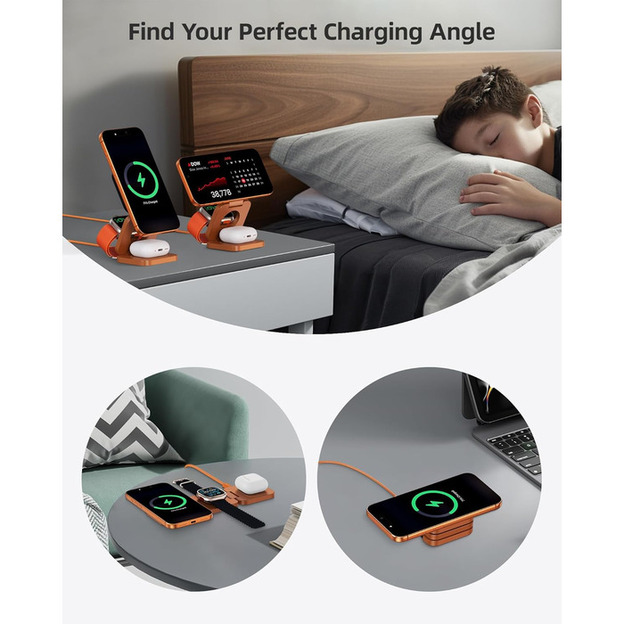 Зарядний пристрій KU XIU X55 Turbo Qi2.2 25W Magsafe 3-в-1: для Apple Watch, iPhone 17-12 та AirPods, помаранчевий