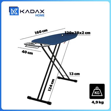 КADAX Прасувальна дошка, 120x38 см, складна, регульована висота, для прасування з парою, з антиковзними ніжками, з підкладкою з піною 8 мм (Темно-синій)