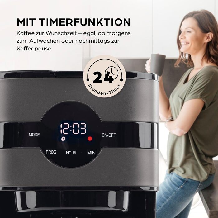 Кавомашина Barista Filterkaffeemaschine з регульованим млинком та термосклом | Функція підігріву, таймер 24г та постійний фільтр | На 10 чашок кави | Кавоварка для зерен та меленої кави [Нержавіюча сталь] (11) Сіра