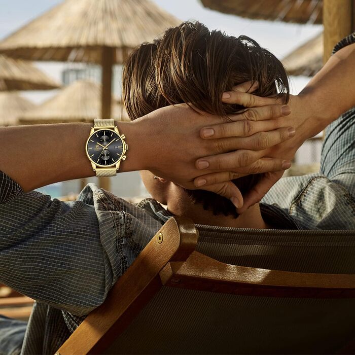 Чоловічий годинник на браслеті Mesh, кварцовий, спортивний, Chronograph, з датою, водонепроникний, чорний, нержавіюча сталь, Gold-Gold-Schwarz