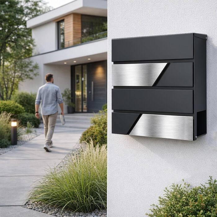 Поштова скринька Verda з газетницею, антрацит RAL 7016, срібло, 37x37x11 см, 2 ключі, комплект для монтажу. Дизайнерська настінна поштова скринька