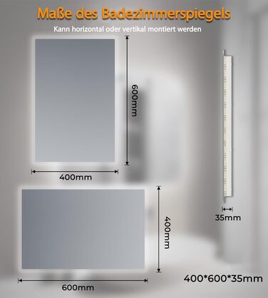 Дзеркало для ванної кімнати SVNR з підсвічуванням, 40x60 см, LED, алюмінієва рама, захисне скло, матові краї, IP44, енергозберігаюче