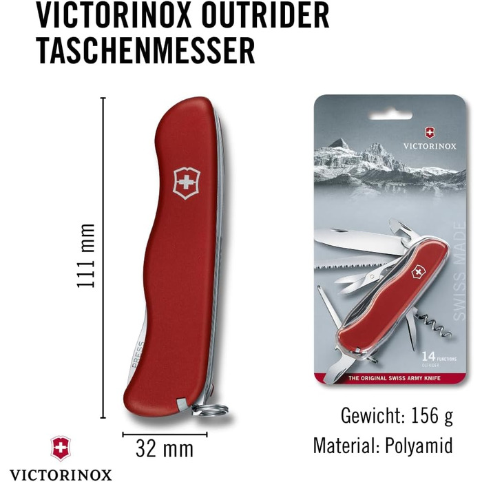 Мультитул Victorinox Outrider: Швейцарський ніж, 14 функцій, фіксаційне лезо, викрутка (червоний)