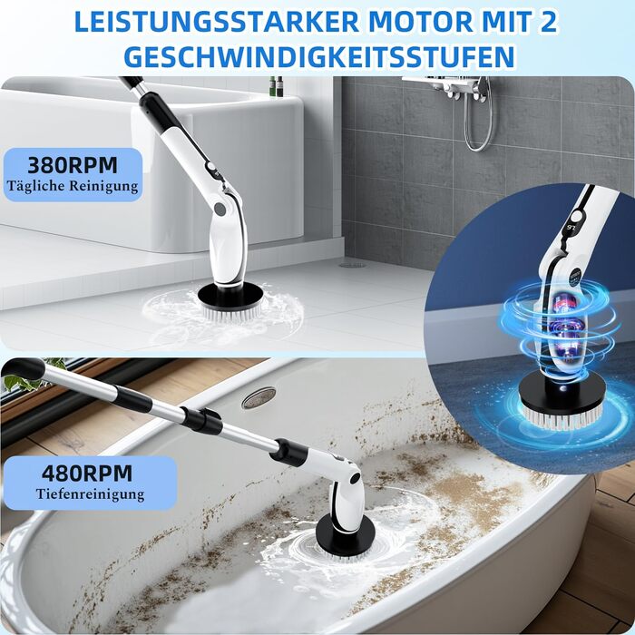 Електрична щітка для прибирання: 7 насадок, 3 довжини, 90 хв роботи, 2 режими швидкості для ванної, кухні, авто