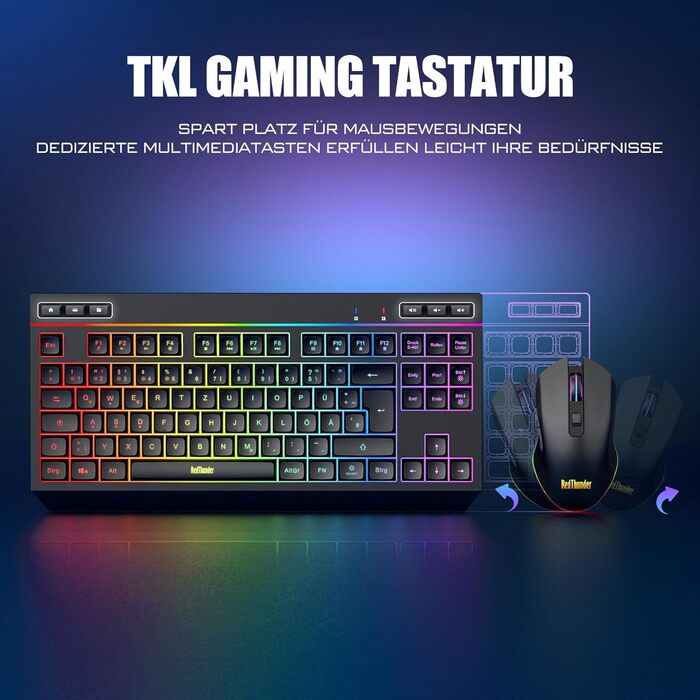 Бездротовий комплект клавіатури та миші RedThunder 75% QWERTZ RGB з підсвічуванням, для ПК Xbox PS5, чорний. Підтримка мультимедійних функцій та оптичний сенсор 7D.