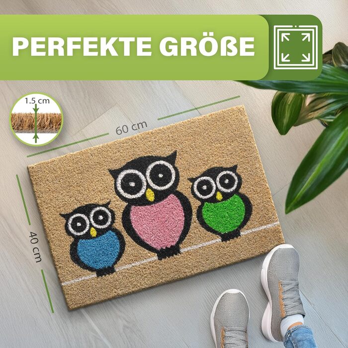 Кокосовий килимок для підлоги [водостійкий] - надміцний - придверний килимок для зовнішнього використання - кокосовий килимок для підлоги [водостійкий]. Килимок для підлоги на вулицю 40x60 см (Owls)