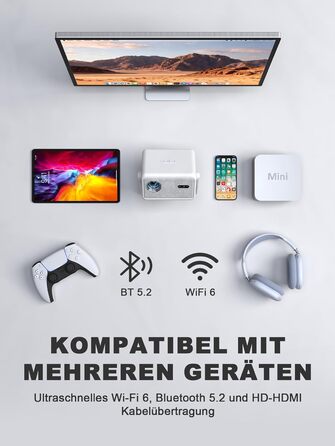 Портативний проєктор VISSPL A-800ANSI: Full HD 1080P, WiFi6, Bluetooth, Автофокус, Корекція трапеції 6D, Підтримка 4K, Netflix, для домашнього кінотеатру та відпочинку на природі