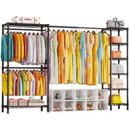 Expandable Clothes Rack - Multifunctional Wardrobe Organizer with Adjustable Shelves - Heavy Duty Metal Clothes Rack - Black