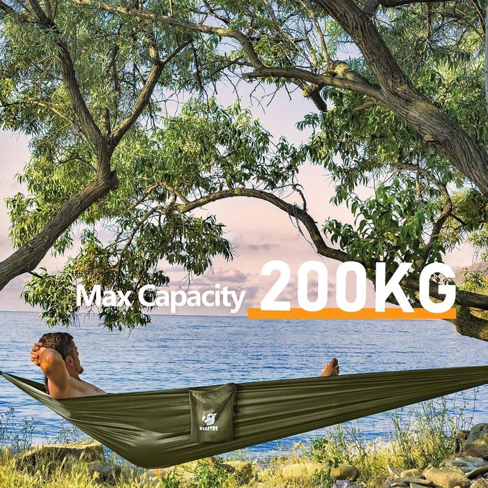 Гамак для відпочинку на природі з москітною сіткою - 260 x 130 см, легкий нейлон, 200 кг, зелений